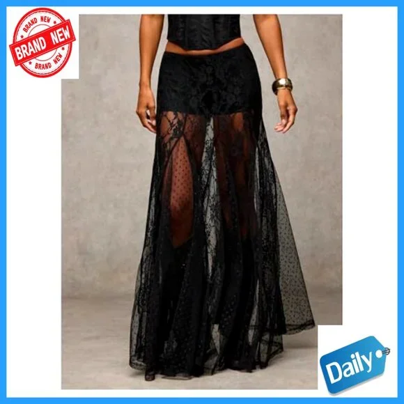 Lace Maxi Skirt A-Line Ruffle Boho Sheer Casual Long Skirt - Picture 3 of 6